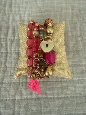 Pink Beaded Charm Stretch Bracelet - Set of 4